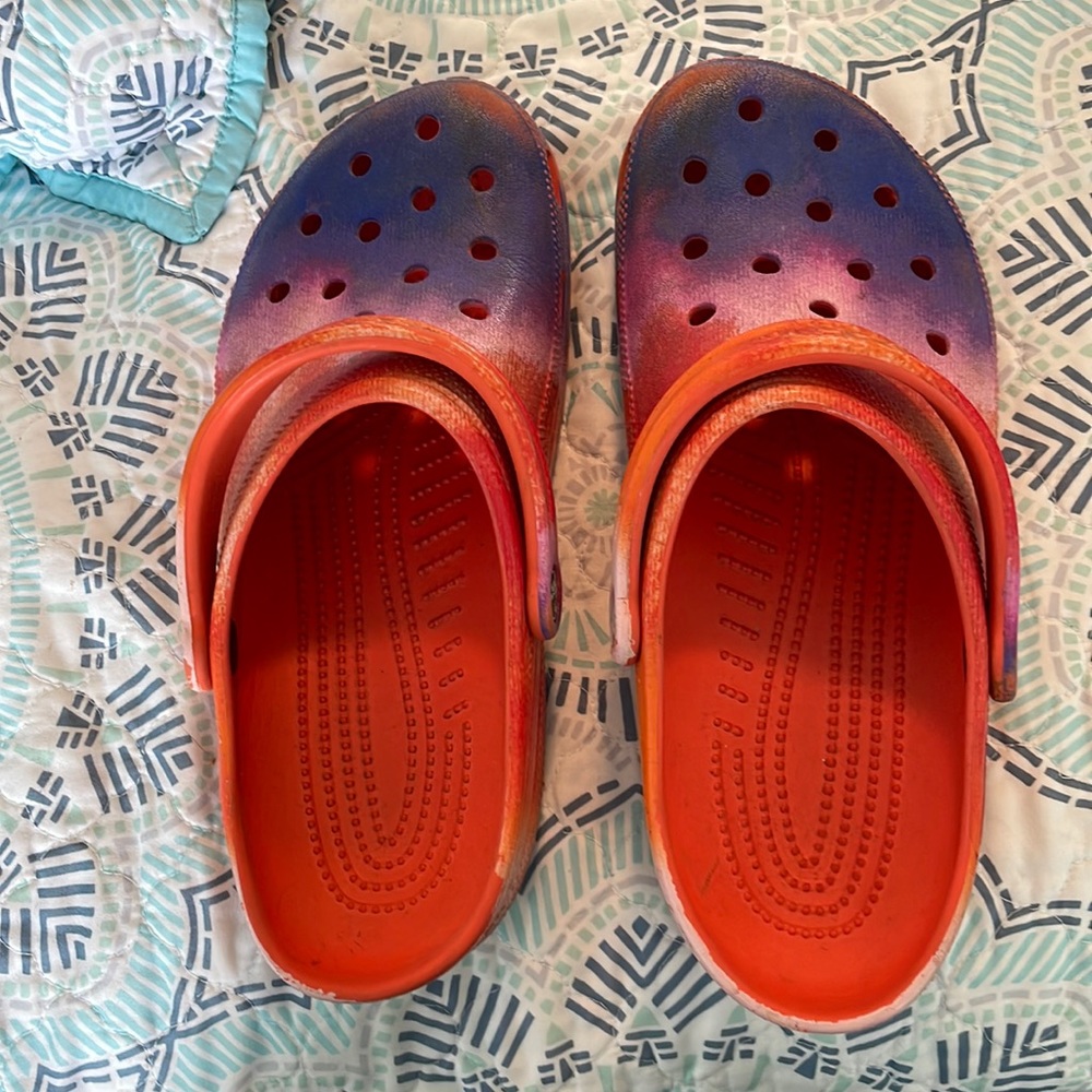 Tie dye crocs, lightly used